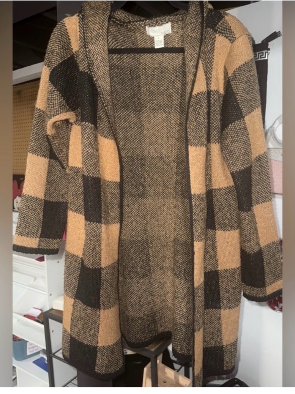 Open-Front Plaid Hooded Sweater Coatigan in Camel and Black